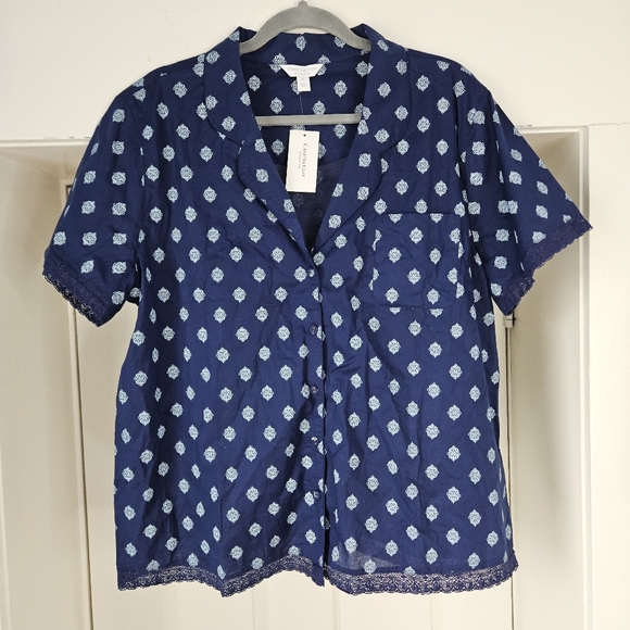 Charter Club Other - Charter Club Blue 100% Cotton Sleep Shirt Button Front Navy Lace Top New Tag XL
